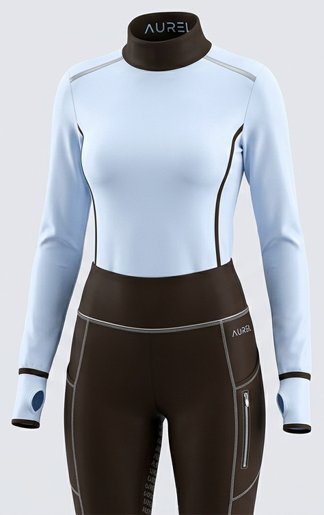 Canter — front, ice-blue top and brown breeches